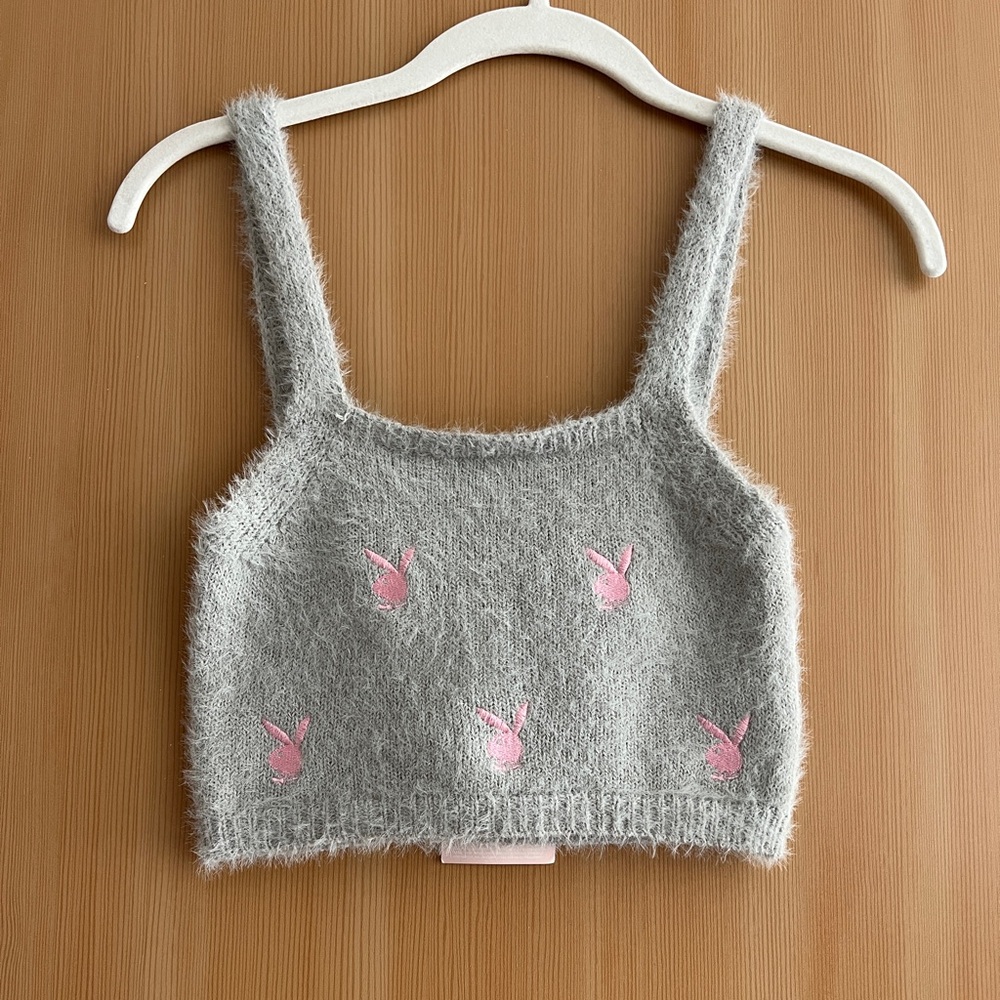 Fuzzy Pink & Grey Playboy Bunny Crop Top